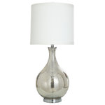 StyleCraft Home Collection - Classical urn mercury glass table lamp  Textile silk blend drum shade - With its round base and tapered top, this lamp's frame showcases the singular beauty of mercury glass. The brushed steel base and matching finial add touches of silver, and the white fabric of the shade completes the gorgeous look. This mercury glass table lamp is sure to upgrade the decor in any space: hallway, living room, dining room, office, or bedroom.
