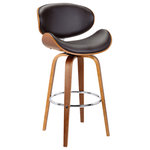 Dwellist - Benton 26" Mid-Century Swivel Counter Stool, Brown Faux Leather, Wooden Legs - The Benton mid-century barstool is a perfect fit for any contemporary household. This modern barstool features a sturdy walnut wood frame and 360 degree swivel function for exceptional mobility. Though ideal for the kitchen or bar, the Benton's style and versatility allow it to function in just about any room of the house. The brown faux leather upholstered Benton is available in 26 inch counter and 30 inch bar height.