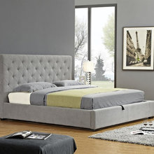 Modern Oak-Wood Metal Grey Fabric Storage Bed