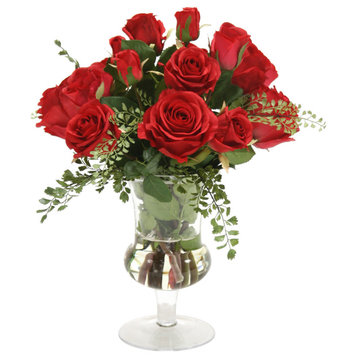 Waterlook® Red Roses and Fern in Clear Glass Urn