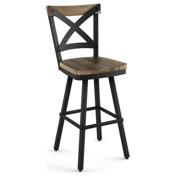 Amisco Jasper Swivel Counter and Bar Stool, Beige Distressed Wood / Black Metal, Counter Height