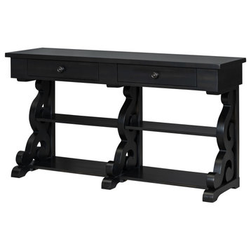 Mid-Century Retro Console Table for Living Room With Open Shelves, Antique Black