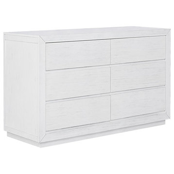 Modern Double Dresser, Weathered White Wooden Frame With 6 Storage Drawers