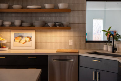 Eat-in kitchen - mid-sized contemporary cork floor and brown floor eat-in kitchen idea in Denver with a drop-in sink, flat-panel cabinets, blue cabinets, concrete countertops, white backsplash, subway tile backsplash, stainless steel appliances, an island and white countertops