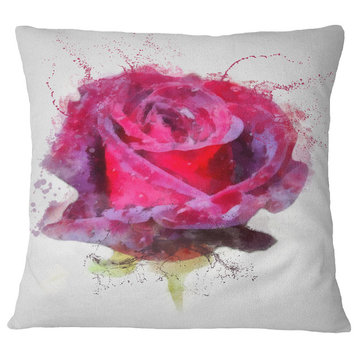 Watercolor Dark Red Rose Sketch Floral Throw Pillow, 16"x16"