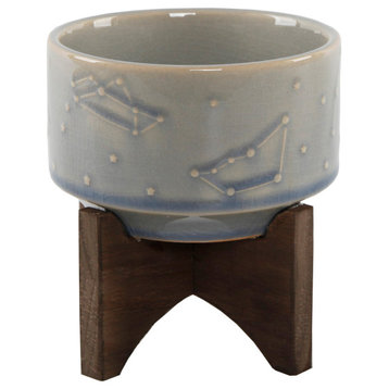 4" Constellation Ceramic Pot On Wood Stand, Glass Blue