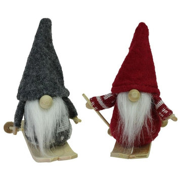 Set of 2 Gray and Red Skiing Santa Gnomes Hanging Christmas Ornaments 4"