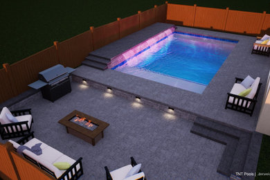 Inspiration for a mid-sized modern backyard stamped concrete and rectangular privacy pool remodel in Other