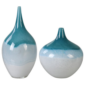 Uttermost Carla 2- Piece Vase Set, Teal and White