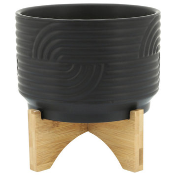 Ceramic 7" Abstract Planter On Stand, Black