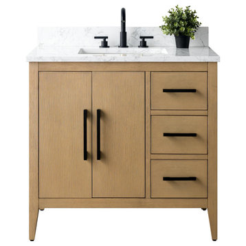 Bath Vanity Cabinet, Sink and Top, Natural Oak, 36", Matte Black