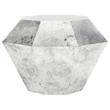 Unique Accent End Table, Faceted Diamond Design & Octagonal Top, Antique Silver