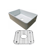 Hardware Supply Source/Unbranded - Fireclay Glossy White Farmhouse Kitchen Sink With Stainless Sink Protective Grid - Beautiful White Fireclay Farmhouse Kitchen Sink