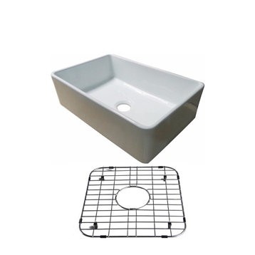 Fireclay Glossy White Farmhouse Kitchen Sink With Stainless Sink Protective Grid