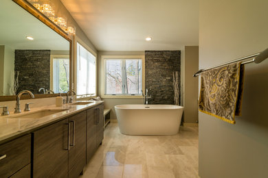 Inspiration for a mid-sized transitional master porcelain tile bathroom remodel in Boston with flat-panel cabinets, dark wood cabinets, green walls, marble countertops, a two-piece toilet and an undermount sink