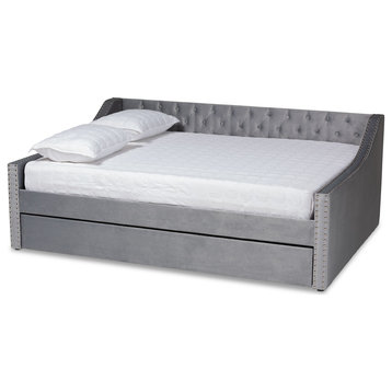 Shona Modern Velvet Upholstered Trundle Daybed, Gray, Full Size