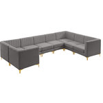 Meridian Furniture - Alina Velvet Modular U-Shaped Sectional, Grey, 8 Piece: 4 Armless Chair, 4 Corner Chair - Bring modern beauty to your space with the addition of this Alina Velvet Modular sectional. This beautiful sectional features deep channel tufting to ramp up its visual interest and add to its resilient demeanor. Its soft grey velvet upholstery blends nicely with existing elements in your room and is sleek to the touch, making this seat a super comfortable one. Part of the modular Alina collection, this sectional has a latch that attaches it to other pieces to create your custom seating arrangement.