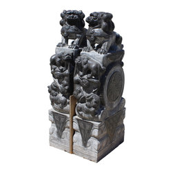Chinese Pair Gray Stone Fengshui Foo Dogs Lions Door Block Statue - Garden Statues And Yard Art