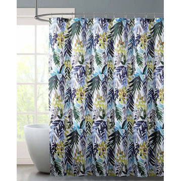 Blue Yellow Green Tropical Fabric Shower Curtain