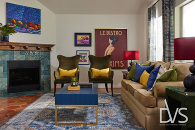Large minimalist enclosed terra-cotta tile, orange floor and vaulted ceiling living room photo in Dallas with beige walls, a corner fireplace, a tile fireplace and a tv stand