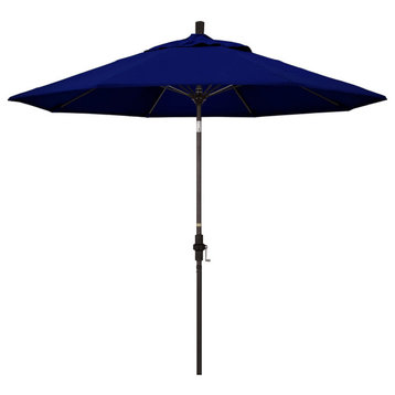 9' Bronze Collar Tilt Lift Fiberglass Rib Aluminum Umbrella, Sunbrella, True Blue