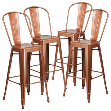 30" Metal Indoor-Outdoor Barstool With Back, Copper, Set of 4