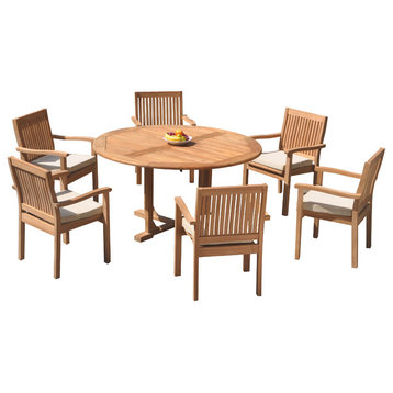 7-Piece Outdoor Teak Dining Set, 60" Round Table, 6 Leveb Stacking Arm Chairs