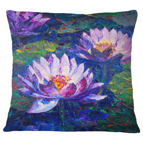 Blue Lotus Oil Painting Floral Throw Pillow, 16"x16"