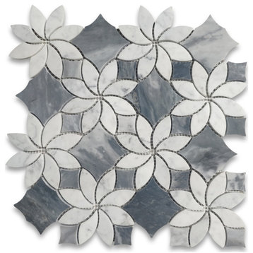 Carrara Marble Ice Flower Blossom Gray Polished Waterjet Mosaic Tile, 1 sheet