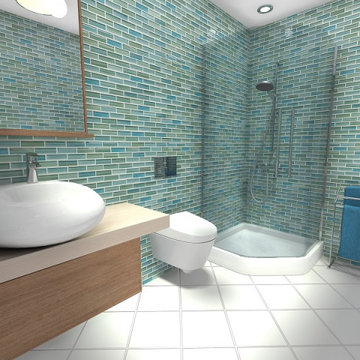 Mediterranean blue bathroom with wooden details