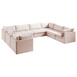Meridian Furniture - Jacob Velvet Upholstered 8-Piece U-Shaped Modular Sectional, Pink - Create the ideal seating arrangement for your space when you pick and choose the elements you like mostincluding this Jacob velvet modular sectional. Mix and match items in the Jacob collection to bring your living space or family room together with a personalized slant. Soft pink velvet upholstery is soft and welcoming to the touch, adding a luxurious feel to everyday seating. Deep channel tufting adds to the piece's durability, and latches underneath the unit make it easy to attach to other pieces in the collection.