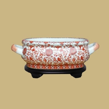 Unique Chinese Orange/Coral and White Porcelain Foot Bath Basin With Base