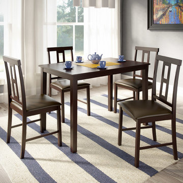 5 Piece Dark Cocoa Dining Set With Square Back Chairs, Chocolate Black Leather