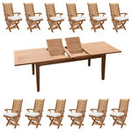 Teak Deals - 13-Piece Outdoor Teak Dining Set: 122" Rectangle Table, 12 Warwick Folding Chair - Set includes: 122" Double Extension Rectangle Dining Table and 12 Folding Arm Chairs.