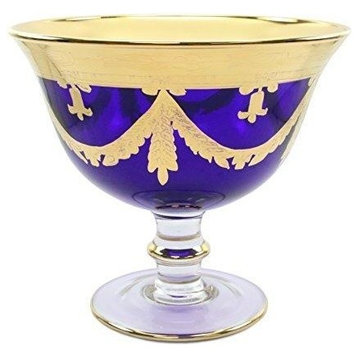Italian Collection Crystal Campana Blue Centerpiece Bowl, 24K Gold Rim, Vintage