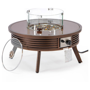 Leisuremod Walbrooke Patio Round Fire Pit Table With Aluminum Slats Frame, Brown
