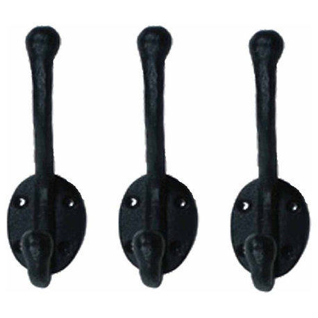 3 Wrought Iron Double Hook Black for Coats Towels Robes |