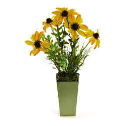 Shea's Wildflower - Black-Eyed Susan Daisy In Light Green Tin Planter, 15.5" - Wreaths And Garlands