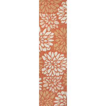 Zinnia Modern Floral Textured Weave Indoor/Outdoor, Orange/Cream, 2x10