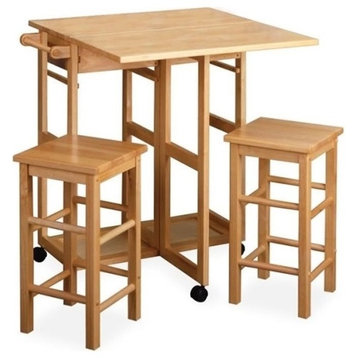 Pemberly Row 3-Piece Drop Leaf Solid Wood Kitchen Cart with 2 Stools in Natural