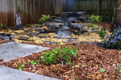 Design ideas for a mid-sized tropical partial sun backyard pond in Tampa.