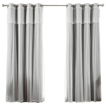 Tulle Sheer With Attached Valance and Solid Blackout Curtains, Gray, 84"