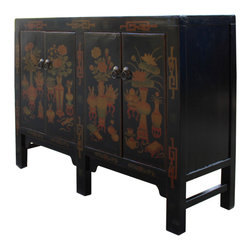 Distressed Black Base Color Flower Vases Graphic Sideboard Cabinet - Buffets And Sideboards