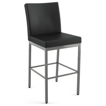 Amisco Perry Plus Counter and Bar Stool, Charcoal Black Faux Leather / Metallic Grey Metal, Counter Height