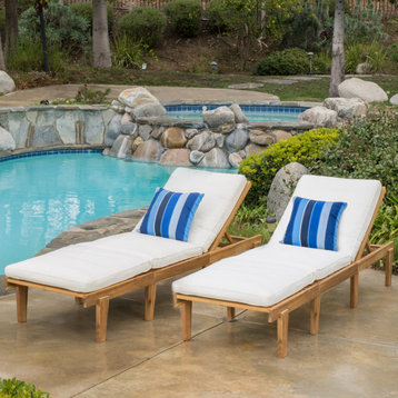 Paolo Outdoor Teak Wood Chaise Lounge With Cushions, Set of 2