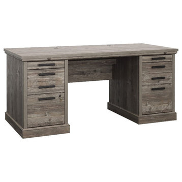 Pemberly Row Engineered Wood Executive Desk in Pebble Pine/Brown