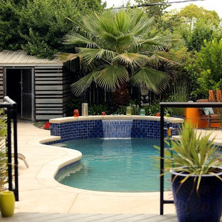 Mittelgroßer Moderner Schwimmteich hinter dem Haus in Nierenform mit Wasserspiel in San Francisco