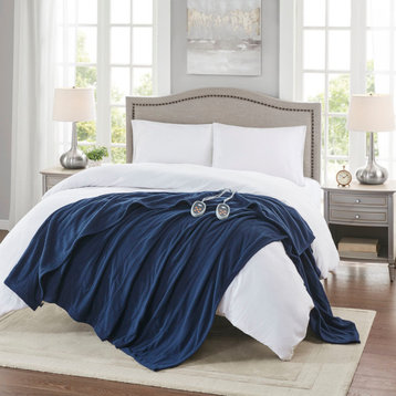 Beautyrest Electric Micro Fleece Heated Electric Bedding Blanket, Navy Blue, Ful