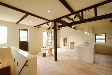 Photo of a mid-sized traditional loft-style living room in Other with white walls, light hardwood floors and no fireplace.