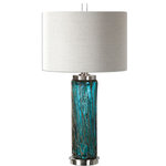 Uttermost - Almanzora Blue Glass Lamp, Blue - Blue Glass With Bronze Sugar Spun Accents And Brushed Nickel Plated Details. The Round Hardback Drum Shade Is A Light Beige Linen Fabric.